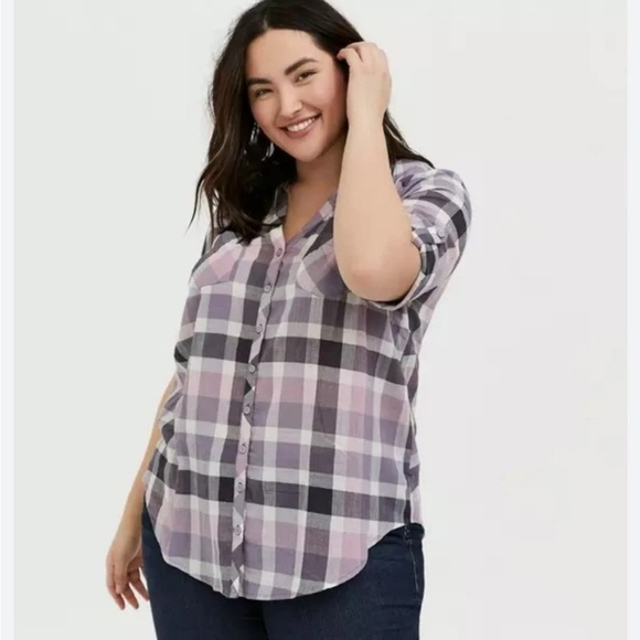 Torrid Windowpane Plaid Popover Shirt Women’s 4X 3/4 Roll Tab Sleeves Country - Picture 1 of 13